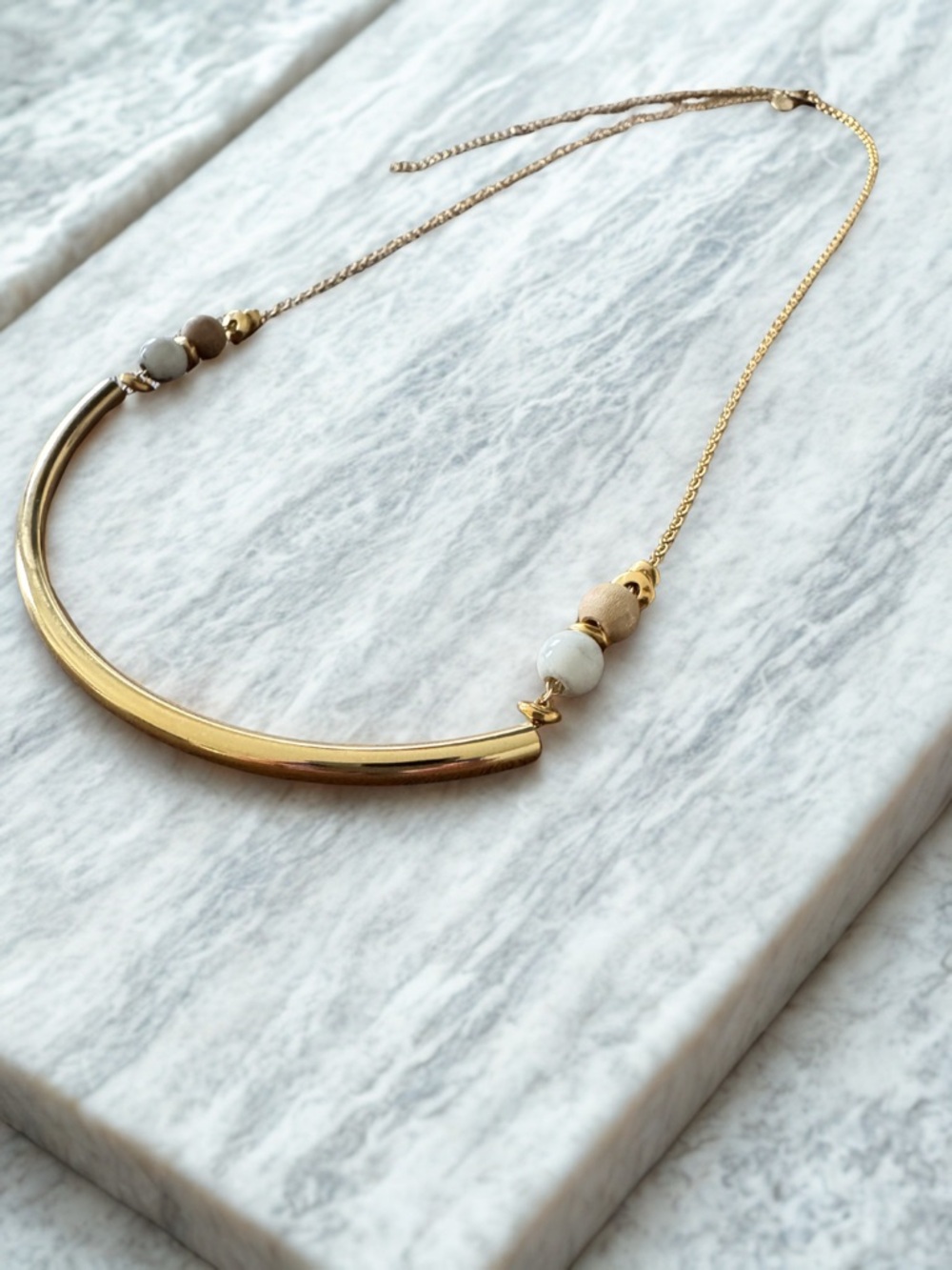 Gold Tone Curved Bar Necklace Minimalist Statement Necklace Beaded Accent